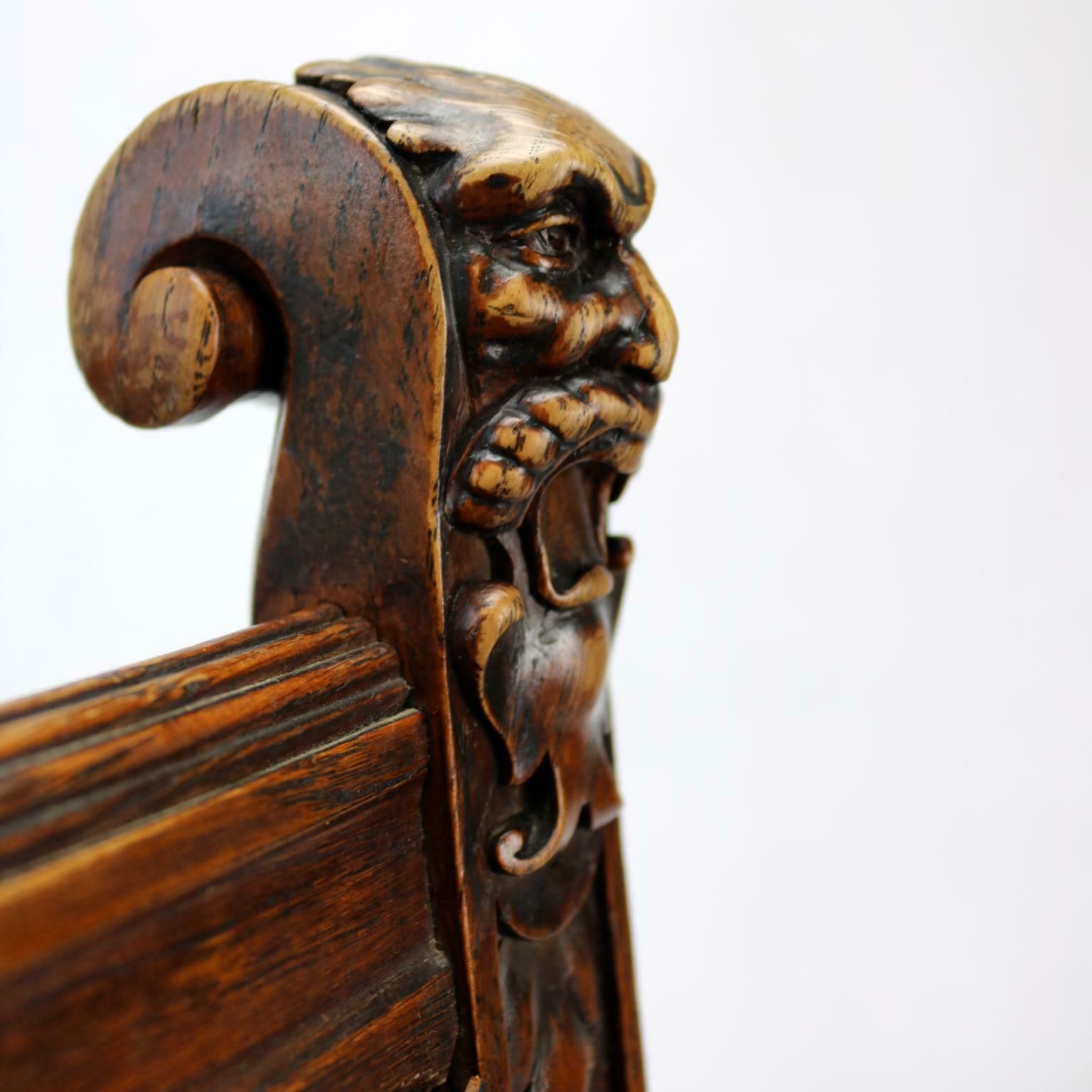 Reanaissance Revival Hand Carved Chair With Embossed Leather 19th Century photo vintage