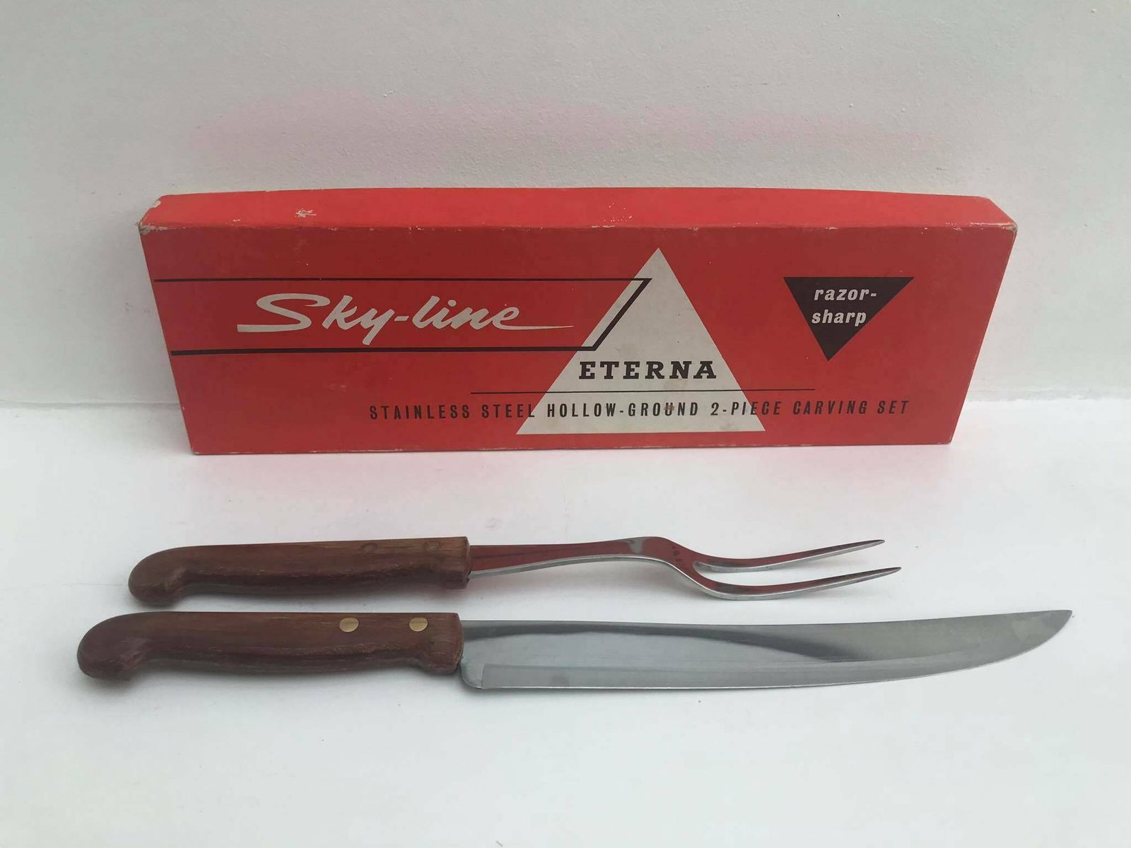 photo for sale Carving Knife In Its Box Harpening Steel Knife Carving Set, Collectible Flatware Retro Cutlery Barbecue Tools Garden Dinner Sharp Sky Line