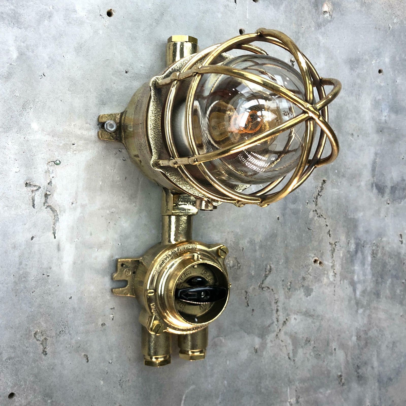 1970s German Cast Brass Explosion Proof Wall Light Glass Shade And Roundabout Switch