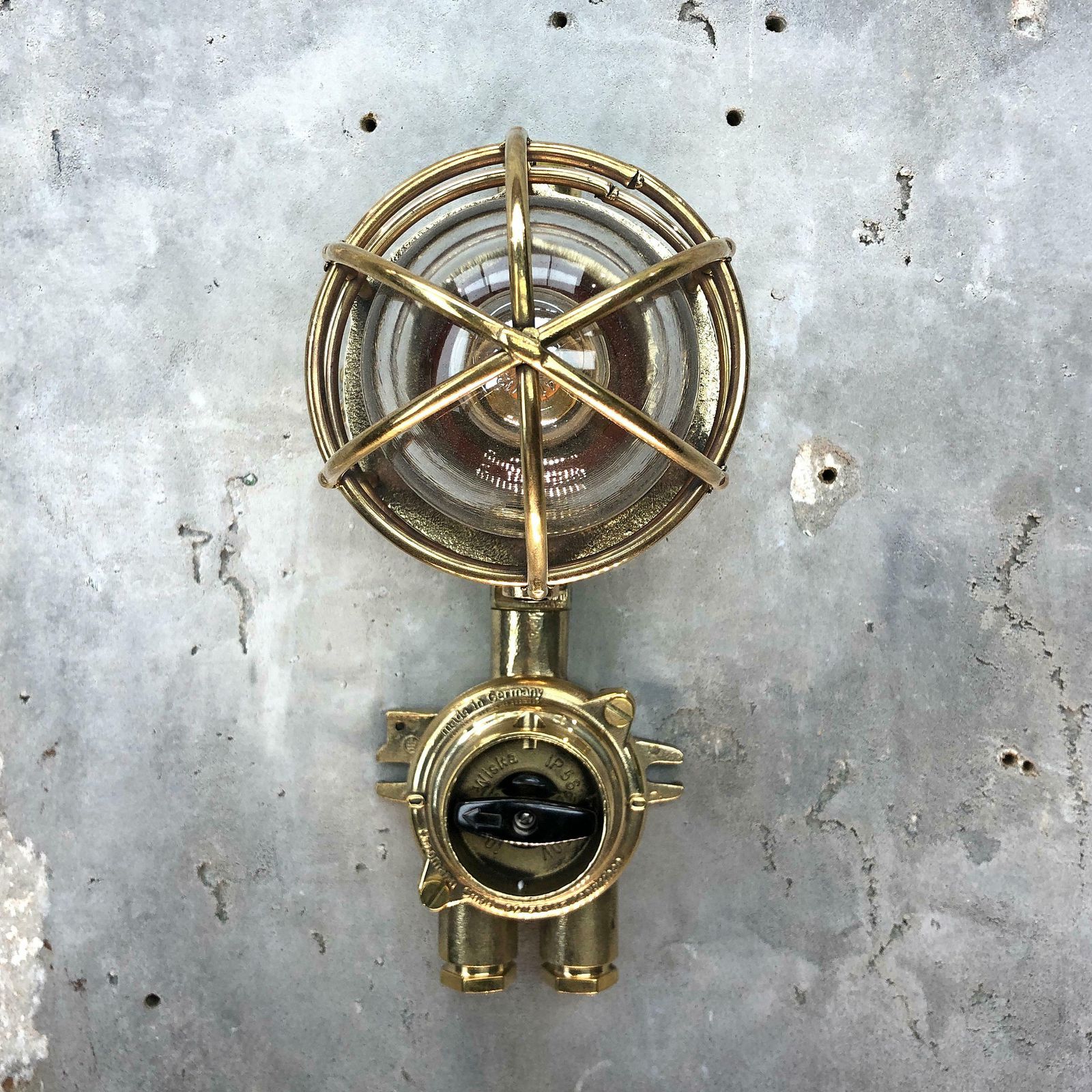 1970s German Cast Brass Explosion Proof Wall Light Glass Shade And Roundabout Switch photo furniture
