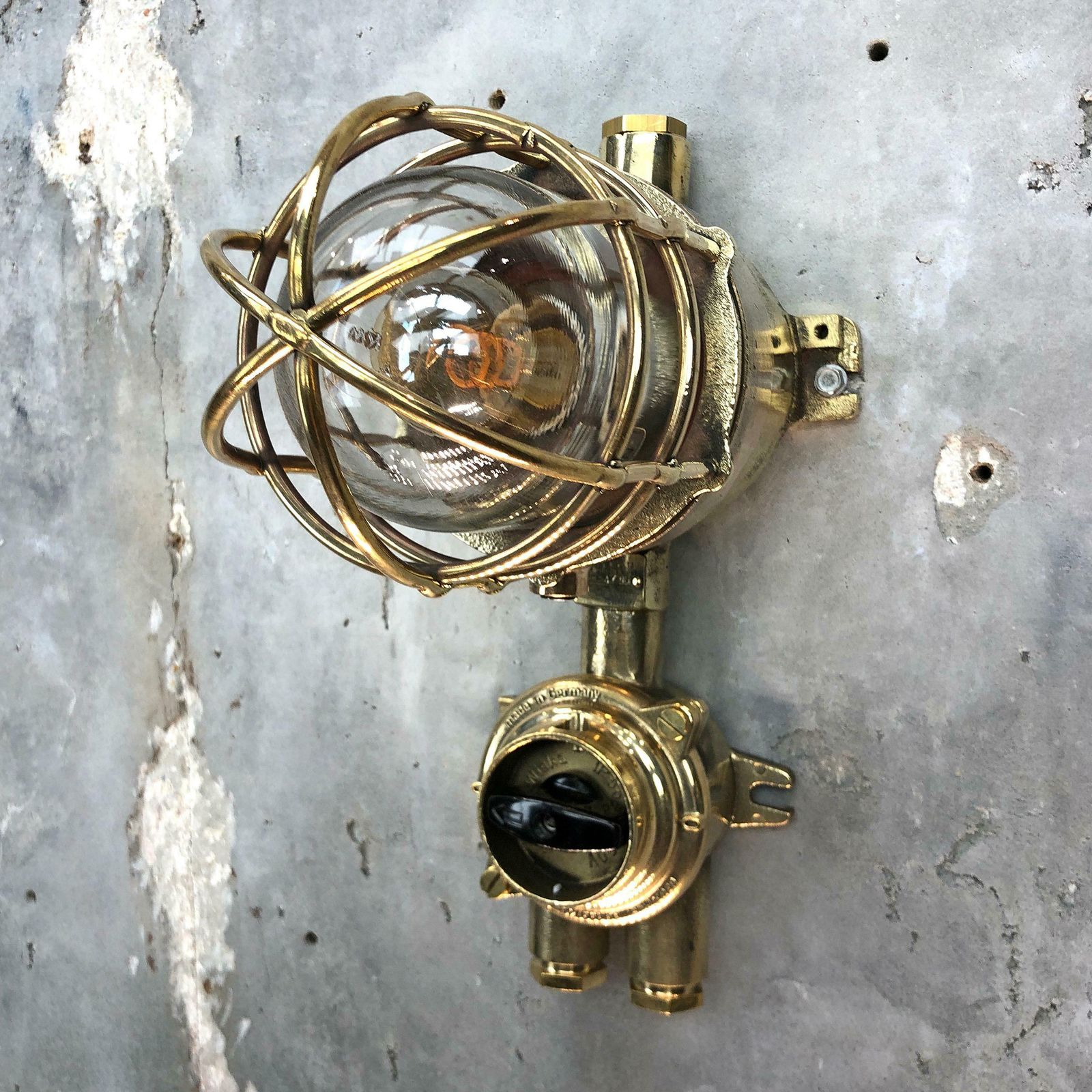 1970s German Cast Brass Explosion Proof Wall Light Glass Shade And Roundabout Switch photo for sale