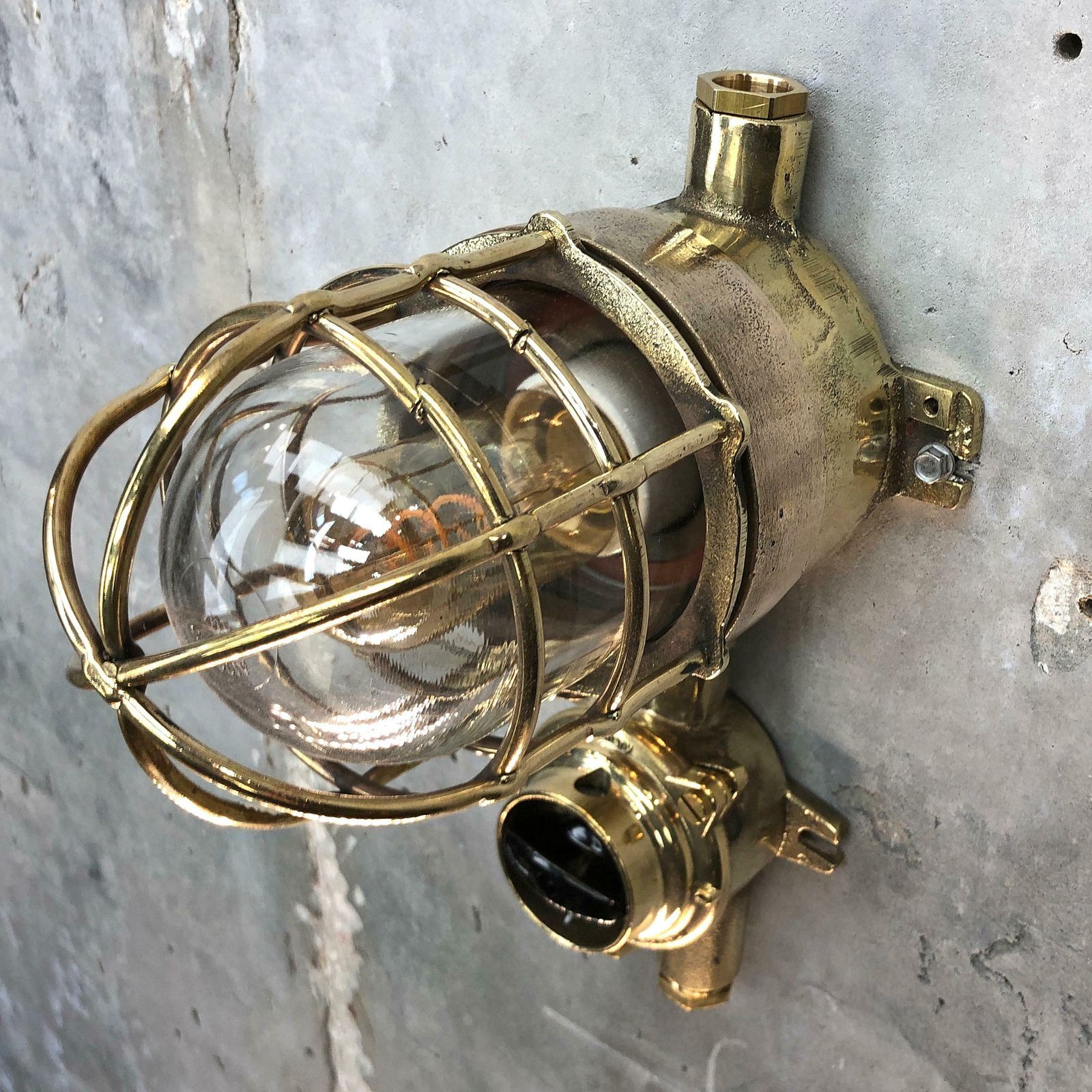 1970s German Cast Brass Explosion Proof Wall Light Glass Shade And Roundabout Switch photo 360.0