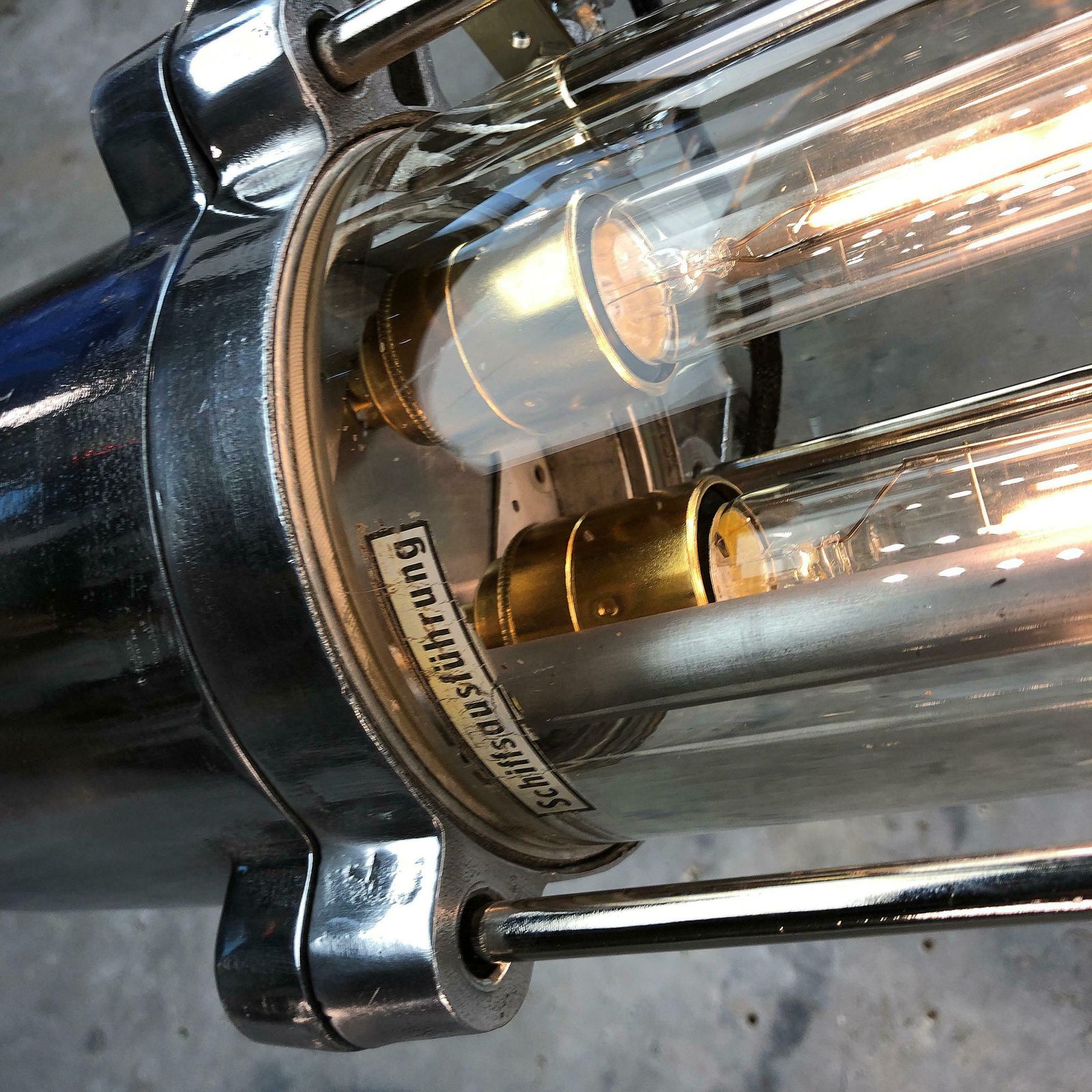 photo furniture 1970s German Industrial Cast Aluminium Glass Edison Flameproof Striplight