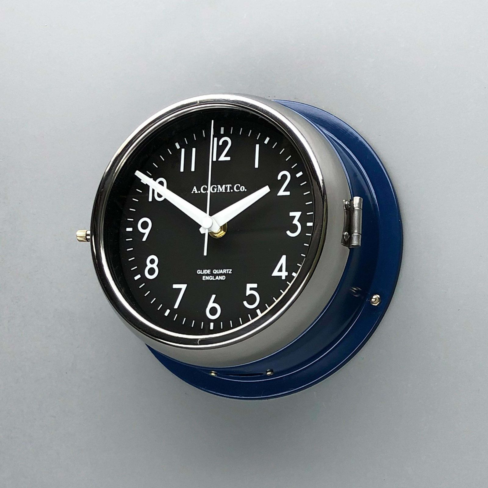 1970s British Classic Blue & Chrome Ac.Gmt.Co. Industrial Wall Clock Black Dial photo furniture