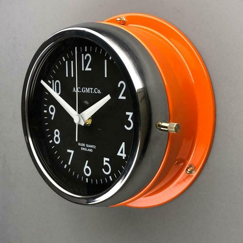 Home Decor 1970s British Orange & Chrome Ac Gmt Co. Industrial Wall Clock Black Dial photo