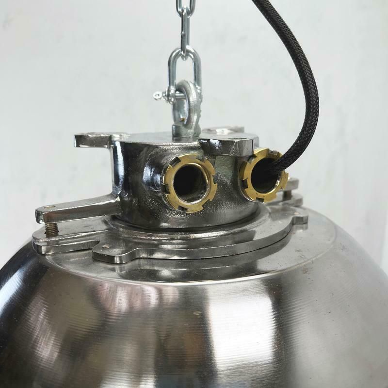 1980''S Japanese Cast Steel Explosion Proof Pendant, Cage & Glass Shade photo for sale
