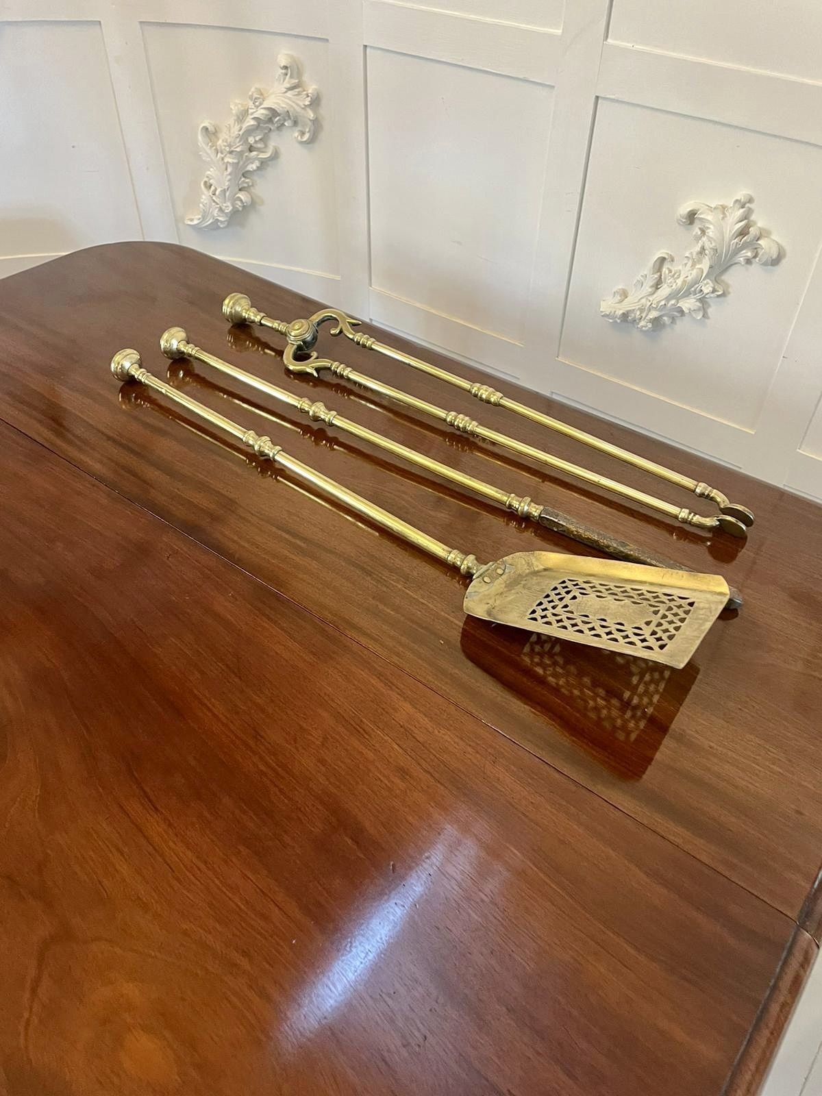 Antique Quality Set Of Three Brass Fire Irons photo Home Fixtures