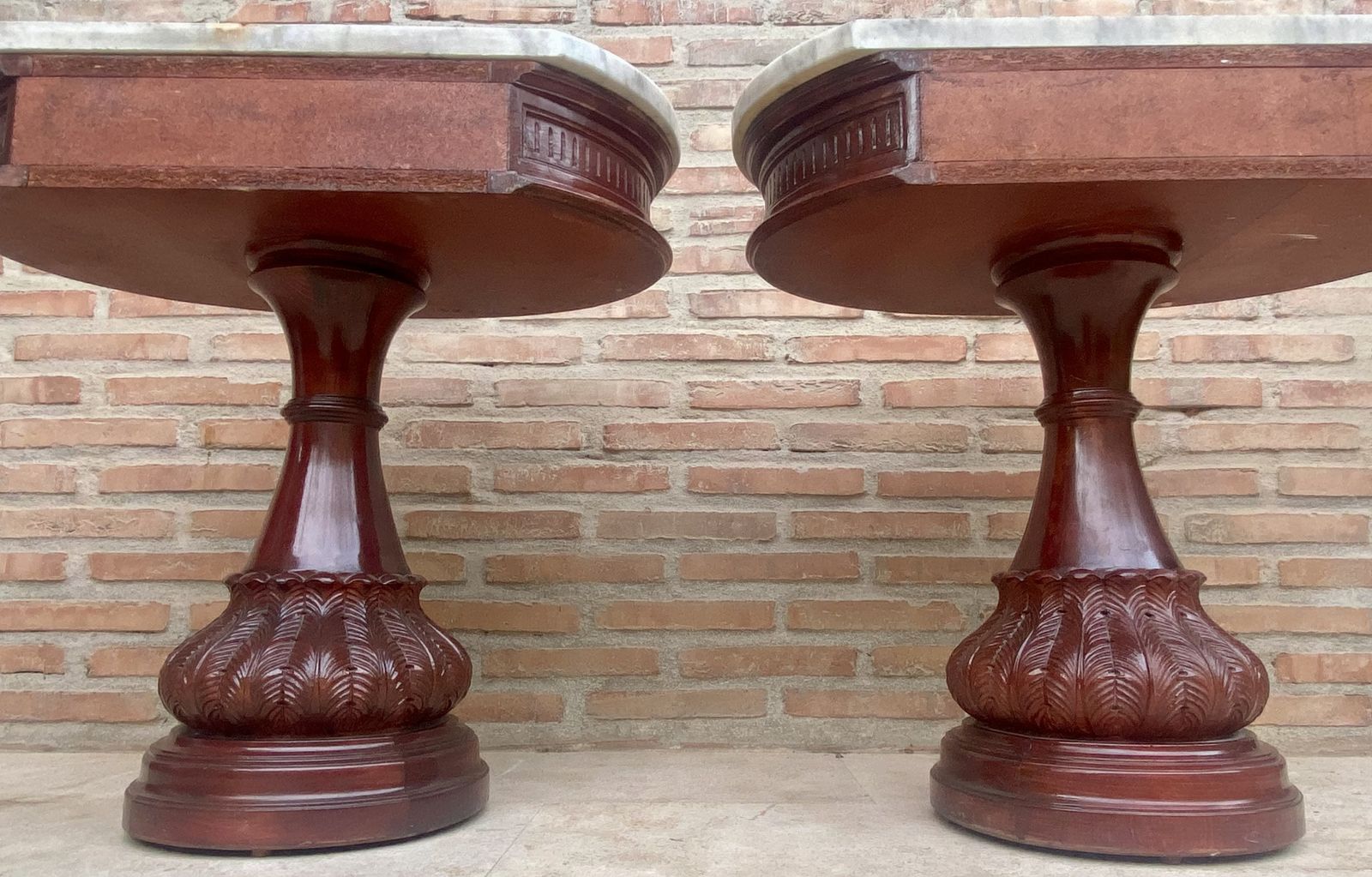 Pair Of Carved Wood Demi Lune Side Tables Or Nightstands With One Drawer And Marble Top photo vinterior