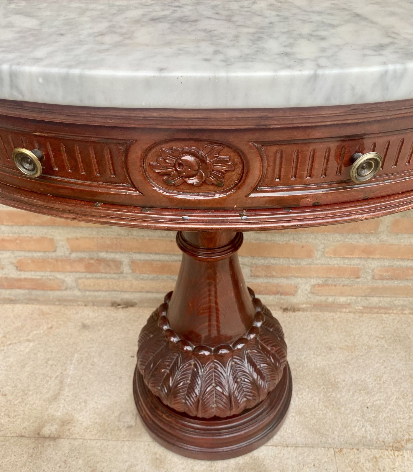 Pair Of Carved Wood Demi Lune Side Tables Or Nightstands With One Drawer And Marble Top photo vintage