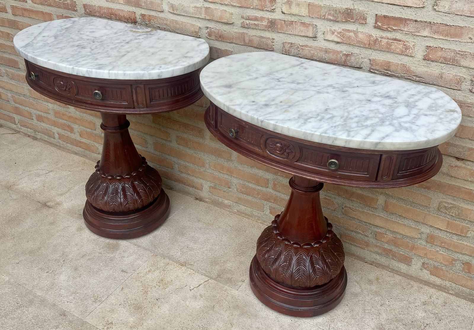 photo for sale Pair Of Carved Wood Demi Lune Side Tables Or Nightstands With One Drawer And Marble Top
