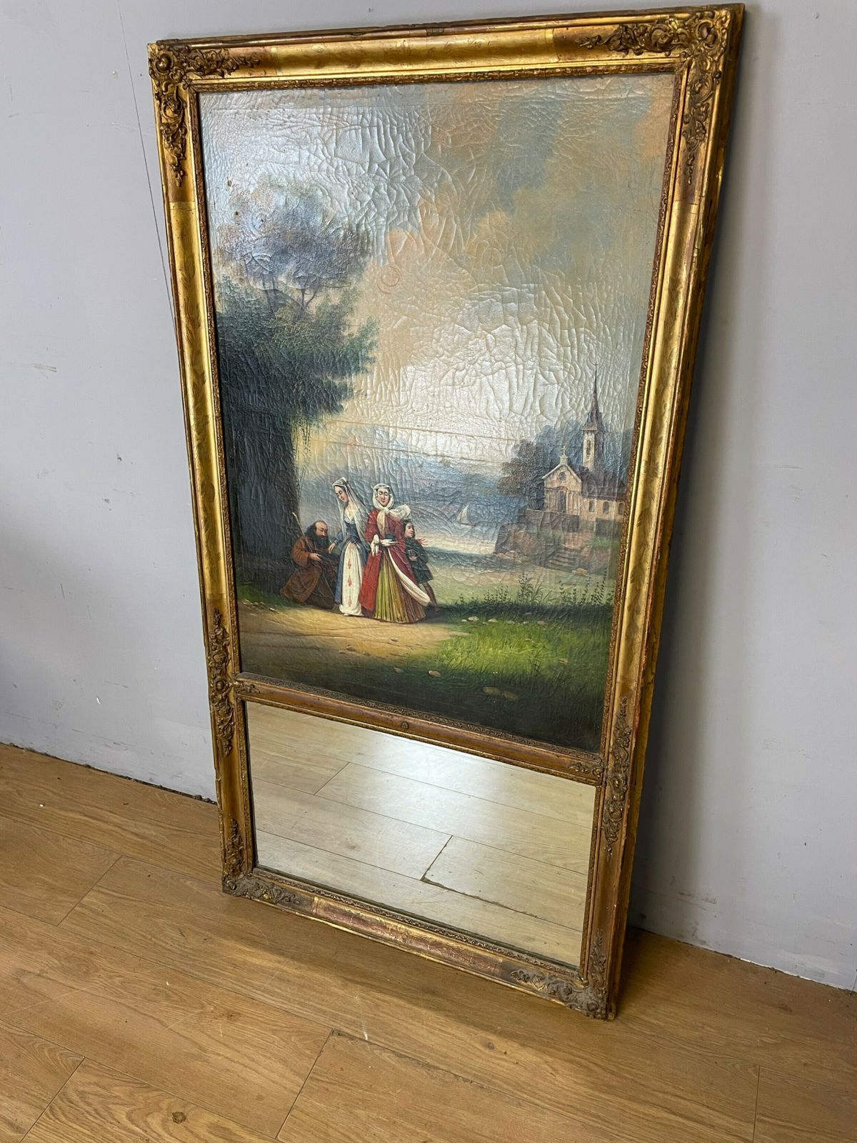 C19th Country House Gilt Framed Pier Mirror With Integral Oil Painting