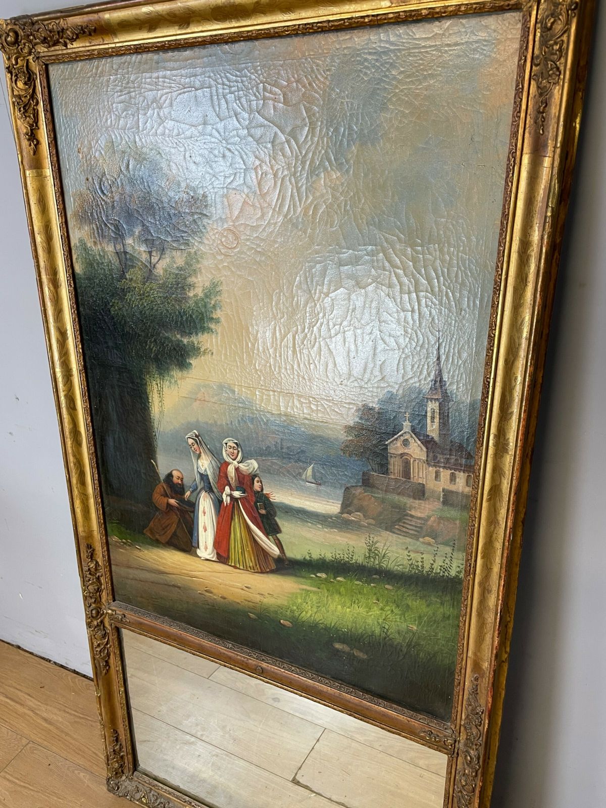 C19th Country House Gilt Framed Pier Mirror With Integral Oil Painting photo Art