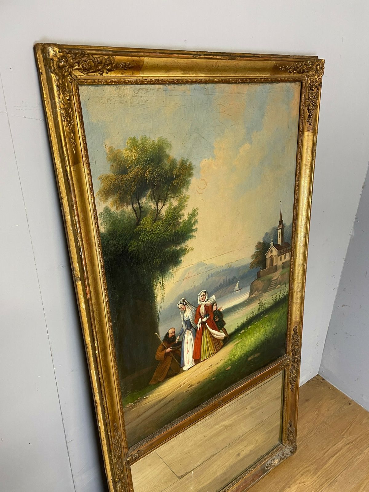 C19th Country House Gilt Framed Pier Mirror With Integral Oil Painting photo 1245.0