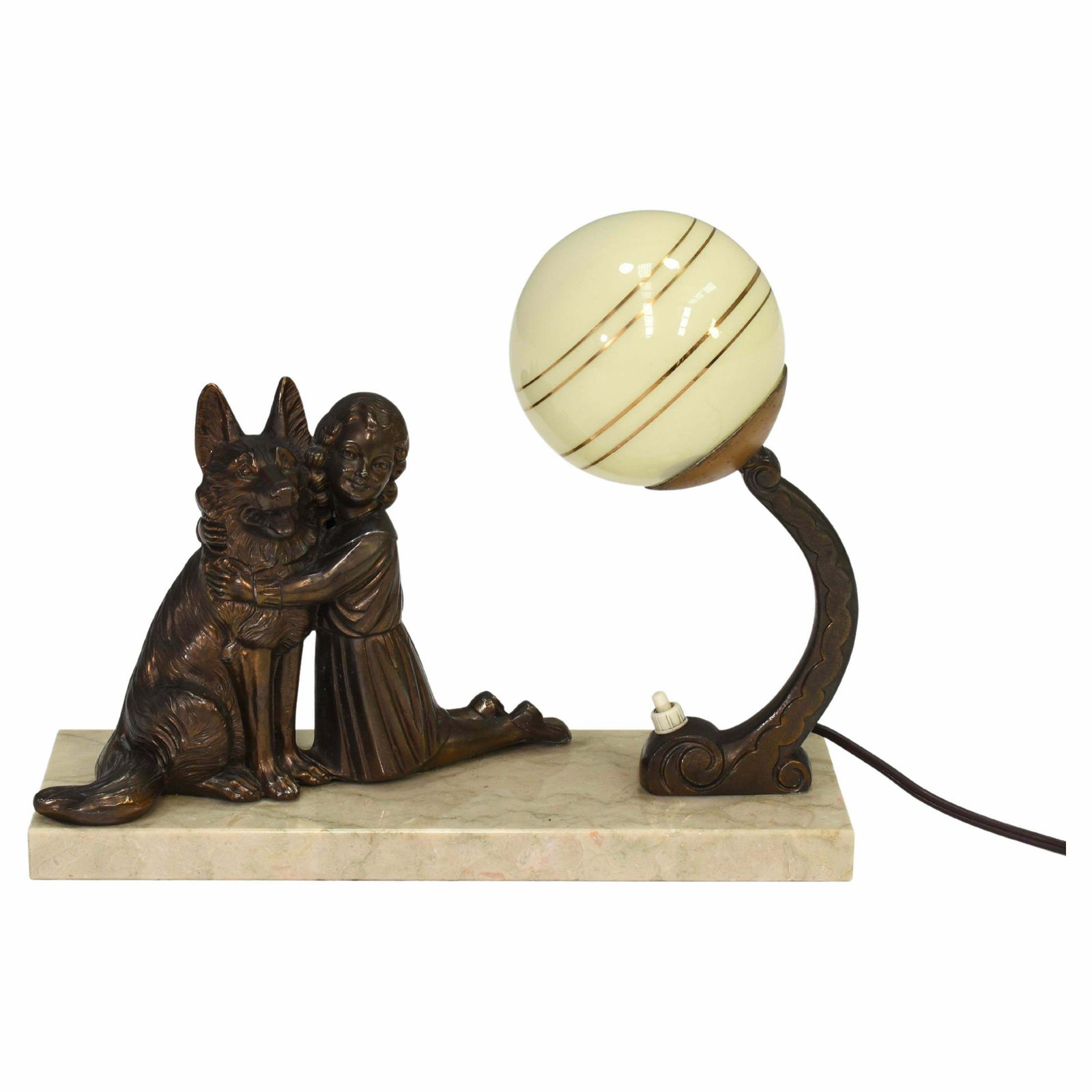 French Art Deco Desk Table Lamp Girl And German Shepherd Sculpture, Circa 1930
