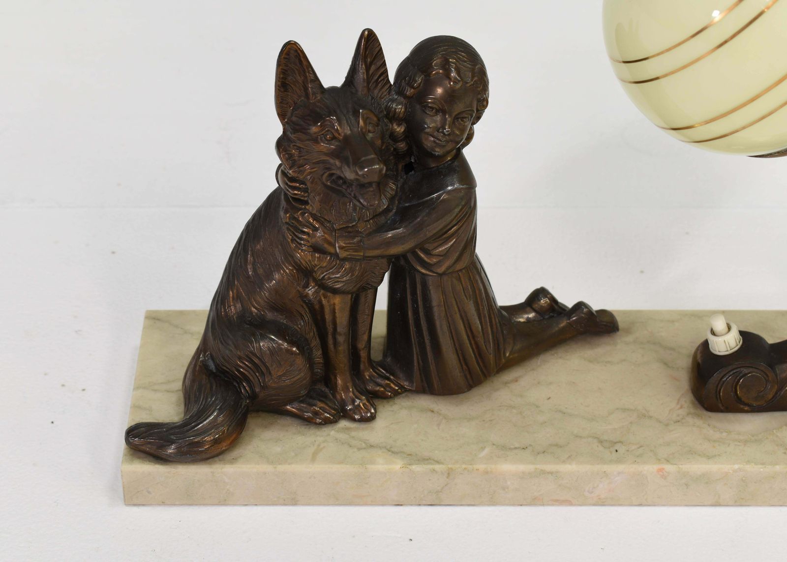 French Art Deco Desk Table Lamp Girl And German Shepherd Sculpture, Circa 1930 photo buy