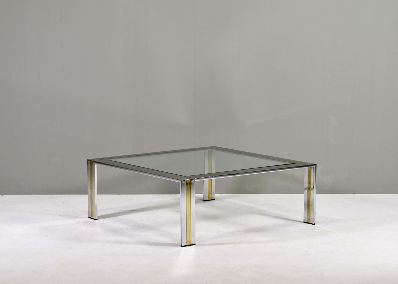 Renato Zevi Square Coffee Table In Brass Chrome And Glass   Italy, Circa 1970 photo for sale