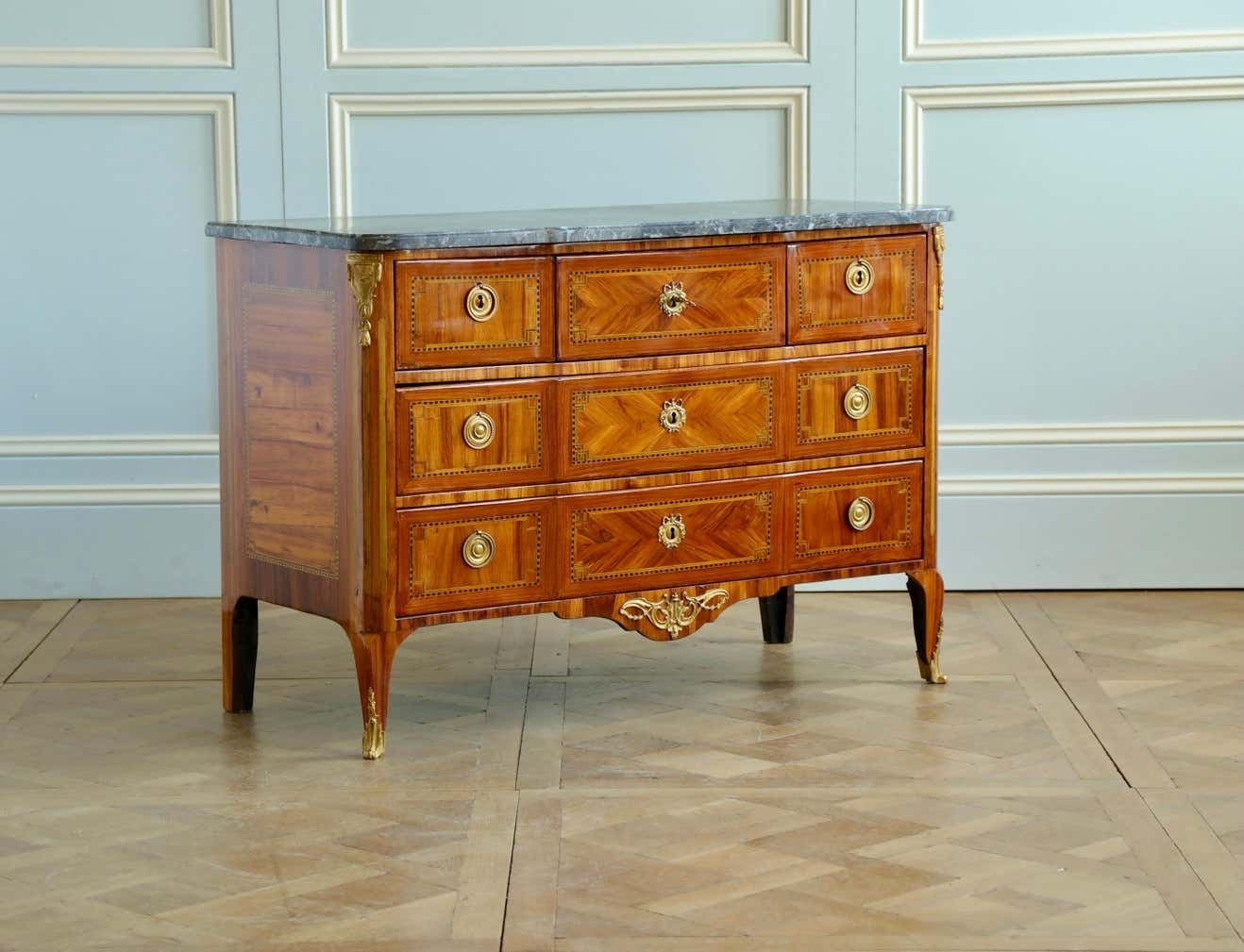 18th Century Marquetry Commode With Sainte Anne Grey Marble, Stamped By L.Aubry photo furniture