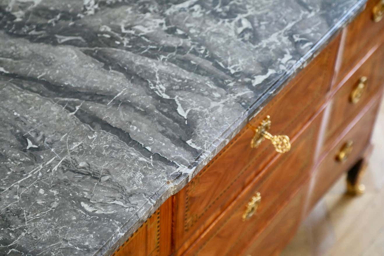 18th Century Marquetry Commode With Sainte Anne Grey Marble, Stamped By L.Aubry photo vintage