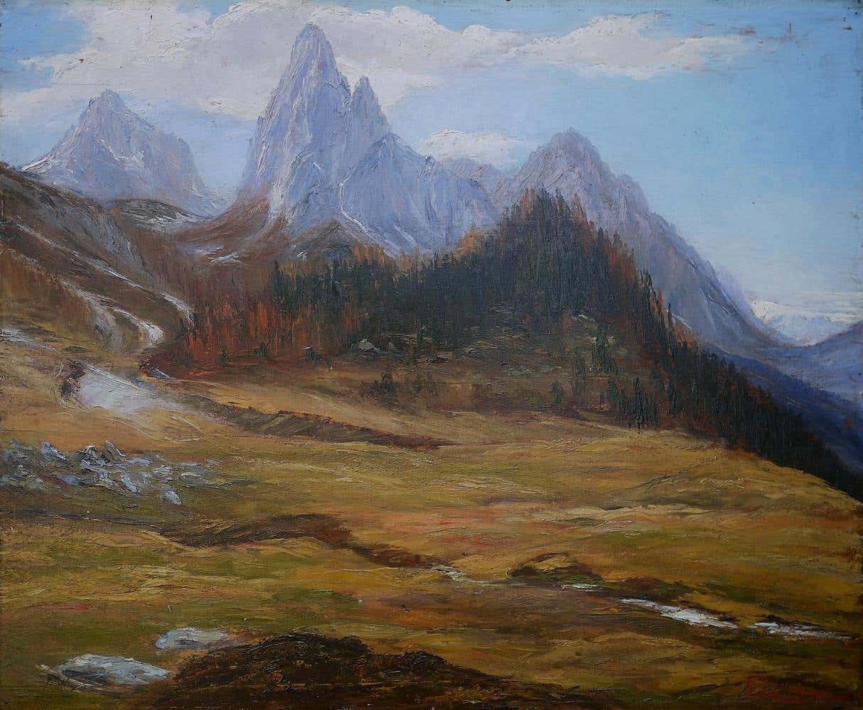 Oil Painting, Dolomites, "Monte Tuglia", Marcelliano Canciani, 1910s photo furniture