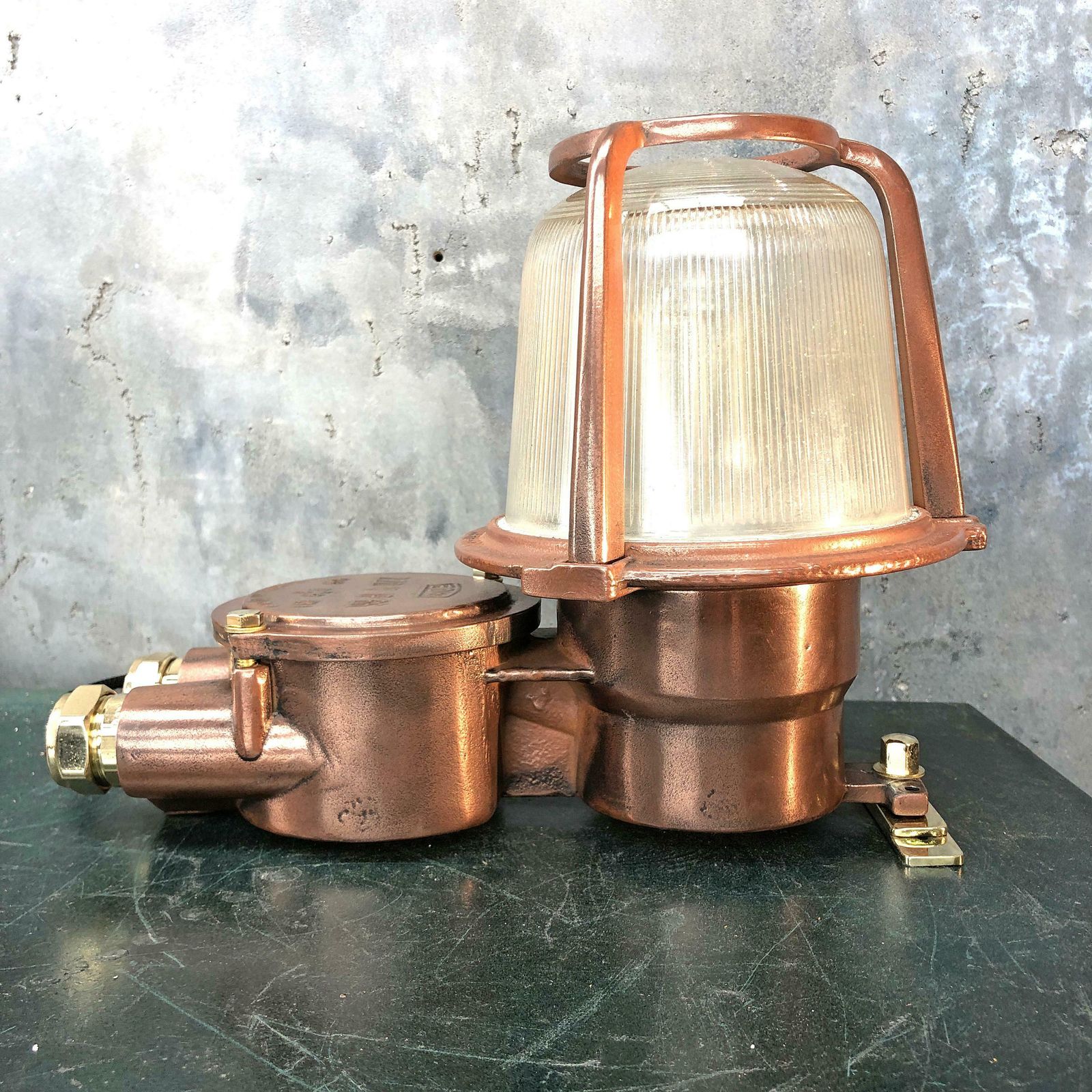 1970s German Eow Gdr Copper, Brass And Holophane Glass Wall Light / Table Lamp photo for sale