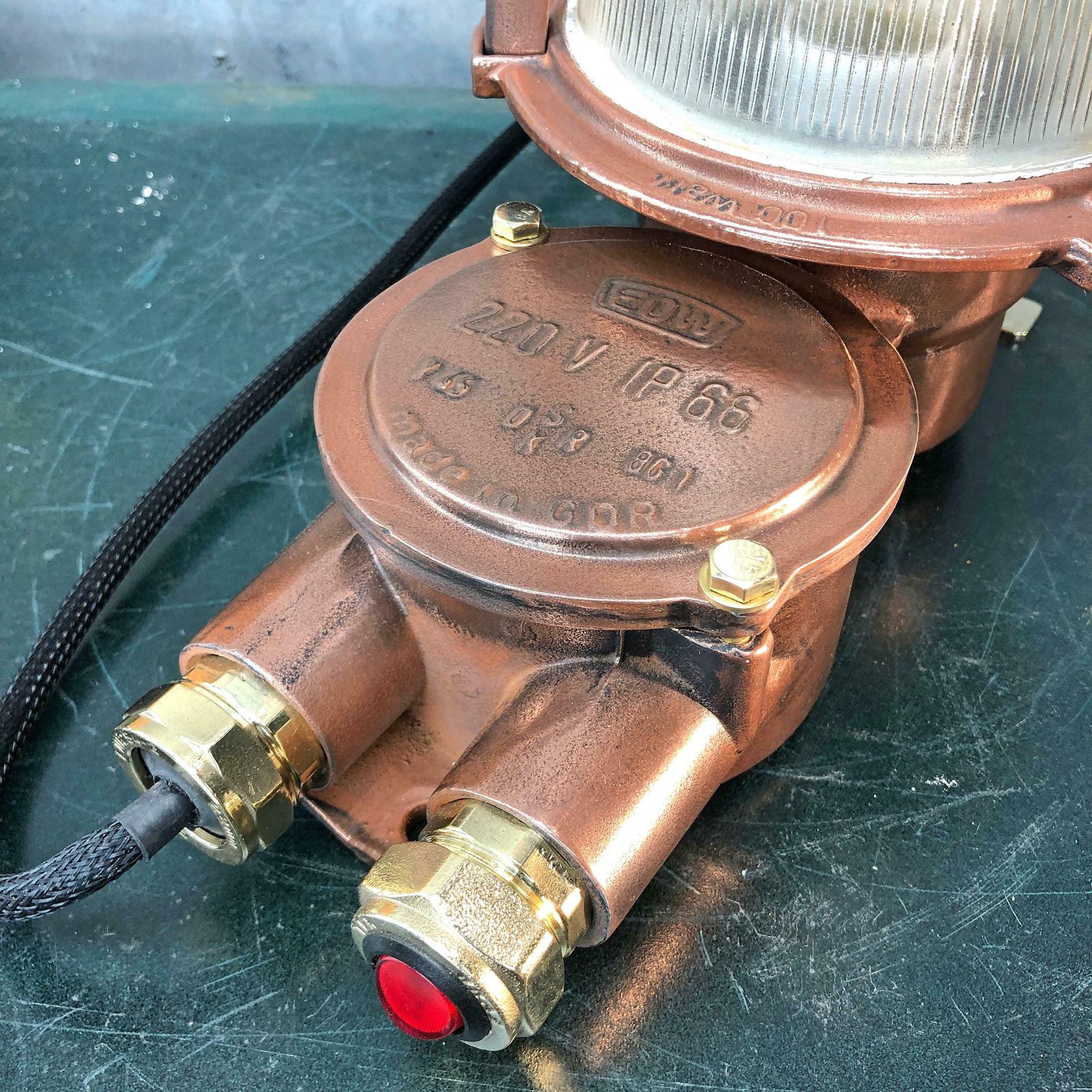 1970s German Eow Gdr Copper, Brass And Holophane Glass Wall Light / Table Lamp photo vinterior