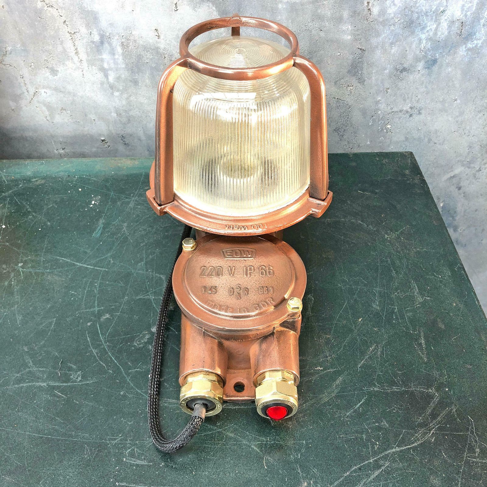 photo furniture 1970s German Eow Gdr Copper, Brass And Holophane Glass Wall Light / Table Lamp