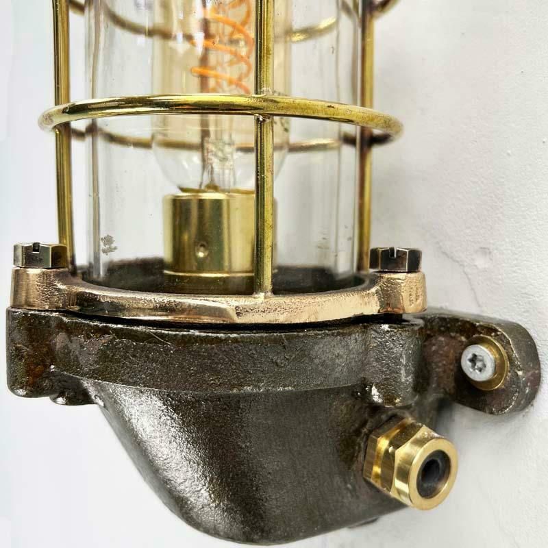 Late Century British Cast Steel, Brass & Bronze Wall Light, Cage & Glass Shade photo for sale