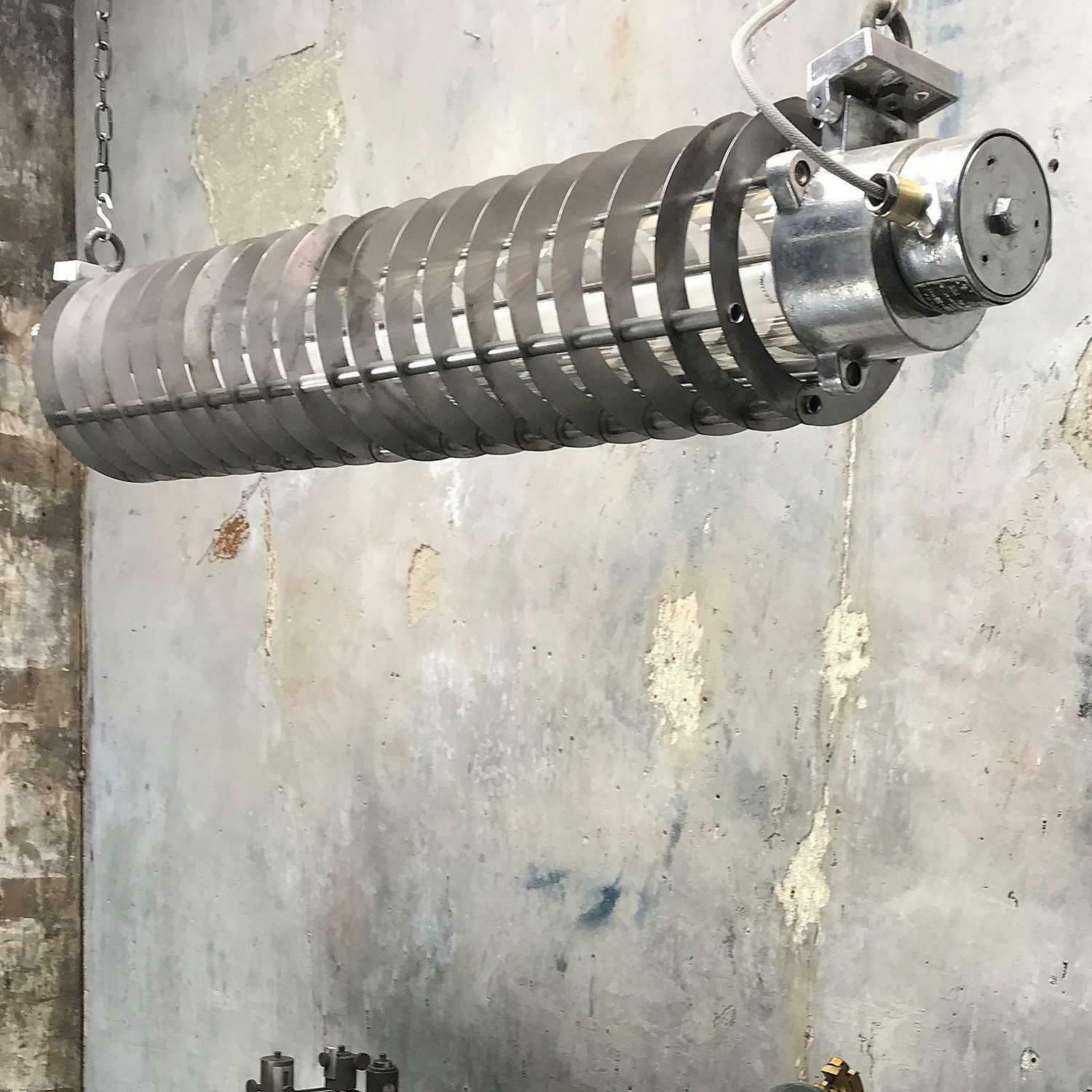 1970s German Cast Metal Explosion Proof Strip Light With Glass And Steel Shade photo for sale