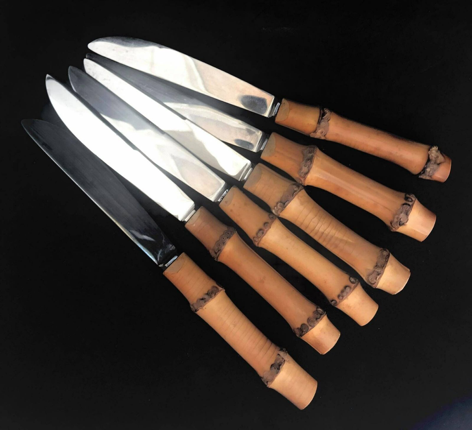Bamboo Flatware Set Vintage Knives Dinner Knife 1960s Bamboo Handle Stainless Flatware Made In France Boho Chic Bohemian Folk Nature