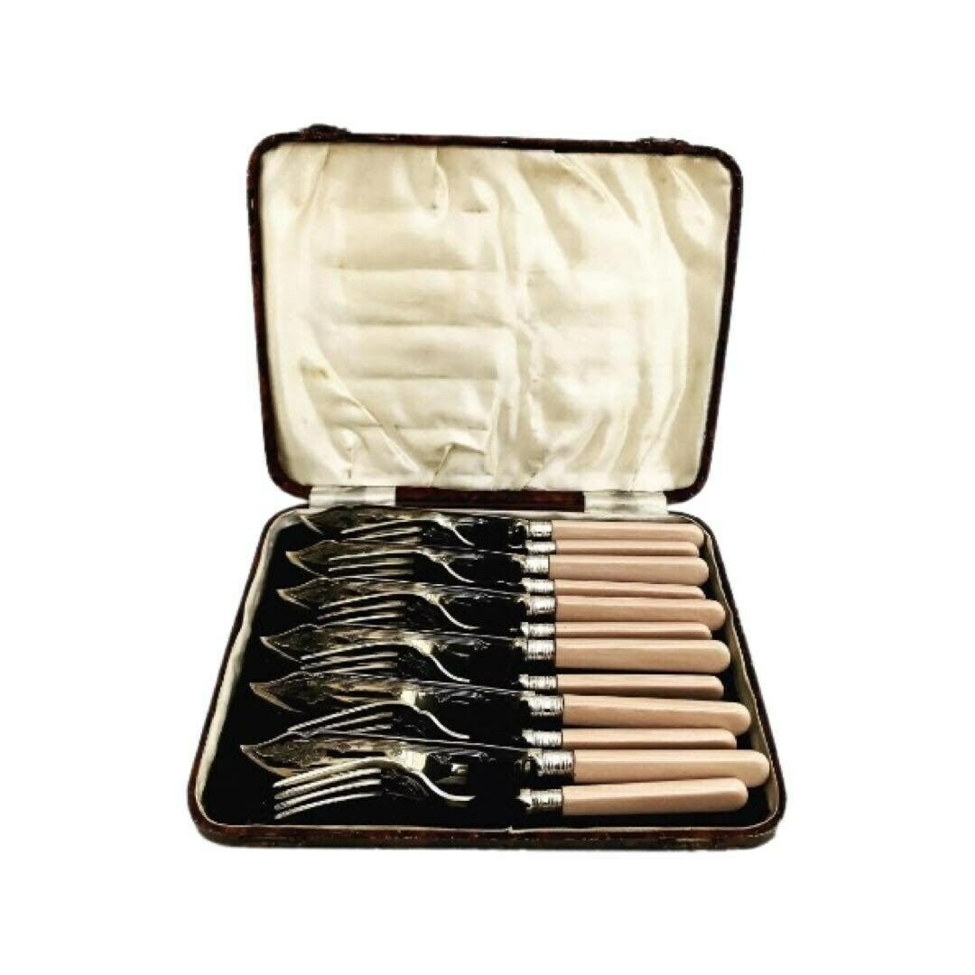 Seafood Fish Flatware Forks 12 Boxed Seafood Cutlery Silver Plated Bands, Stainless Steel And Ivorine Table Holiday Dinner Wedding Gift