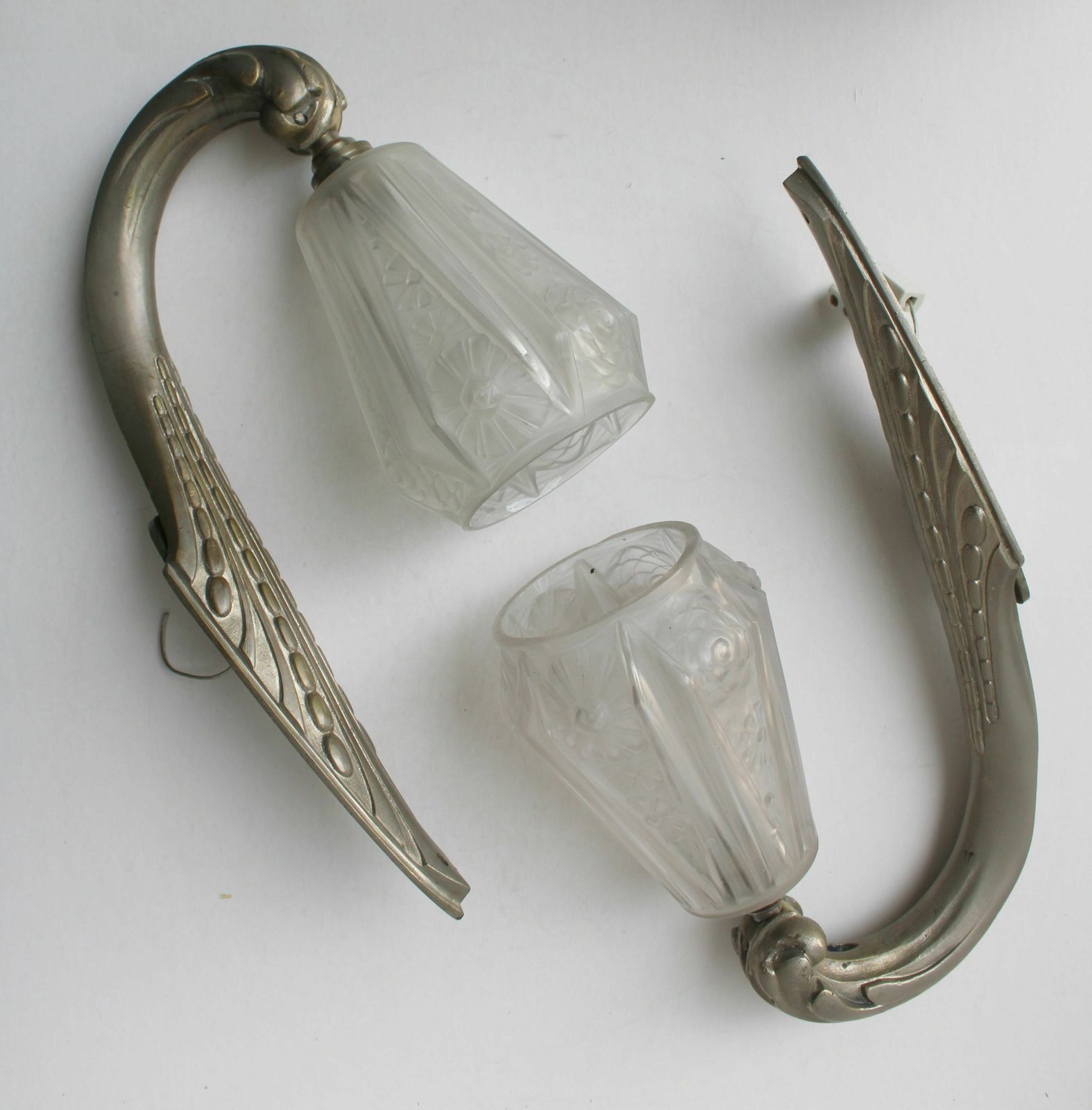 Pair Of French Art Deco Wall Sconces By J Robert Early 20th Century  Bronze, Matted Glass