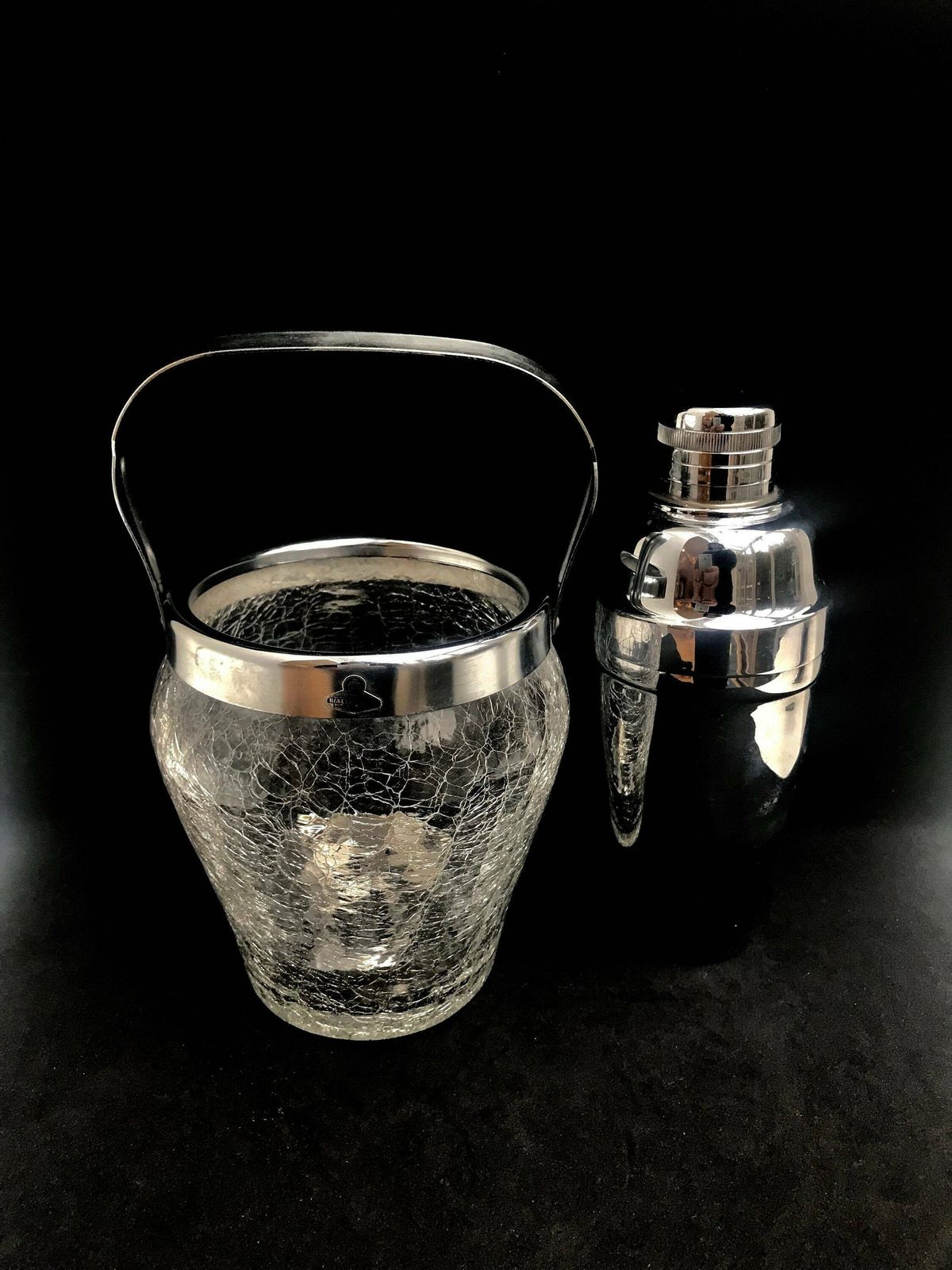 Barset – Cocktailshaker En Ijsemmer Met Craquelé Glas – Roestvrij Staal – Mid Century – Jaren 1960 – Mixologie