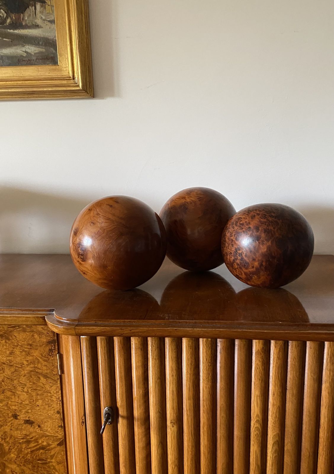 Set Of 3 Wooden Spherical Sculptures, France 1960s