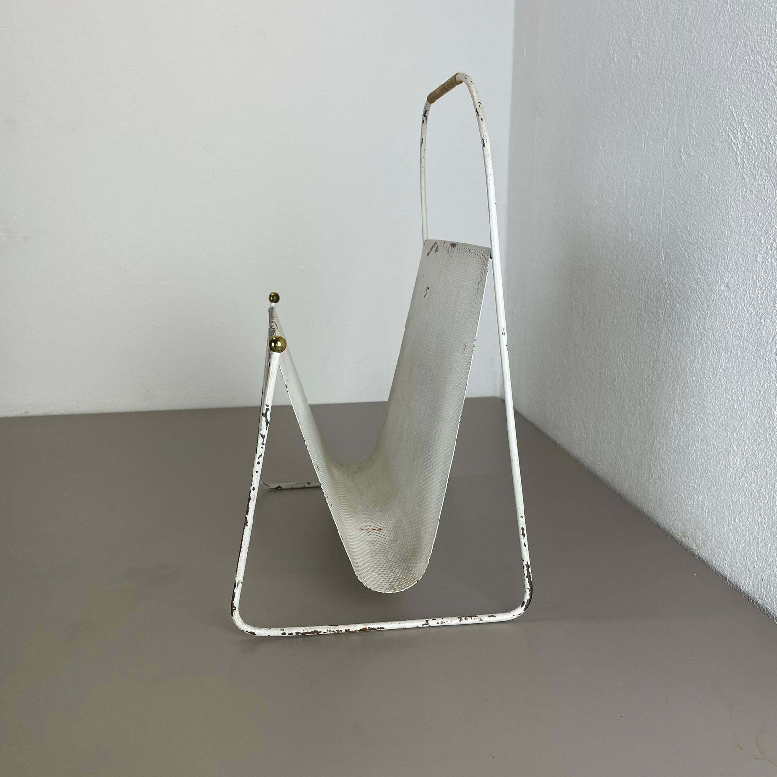 Mategot Aubock Style White Metal Hole Pattern Magazine Holder, France, 1950s photo furniture