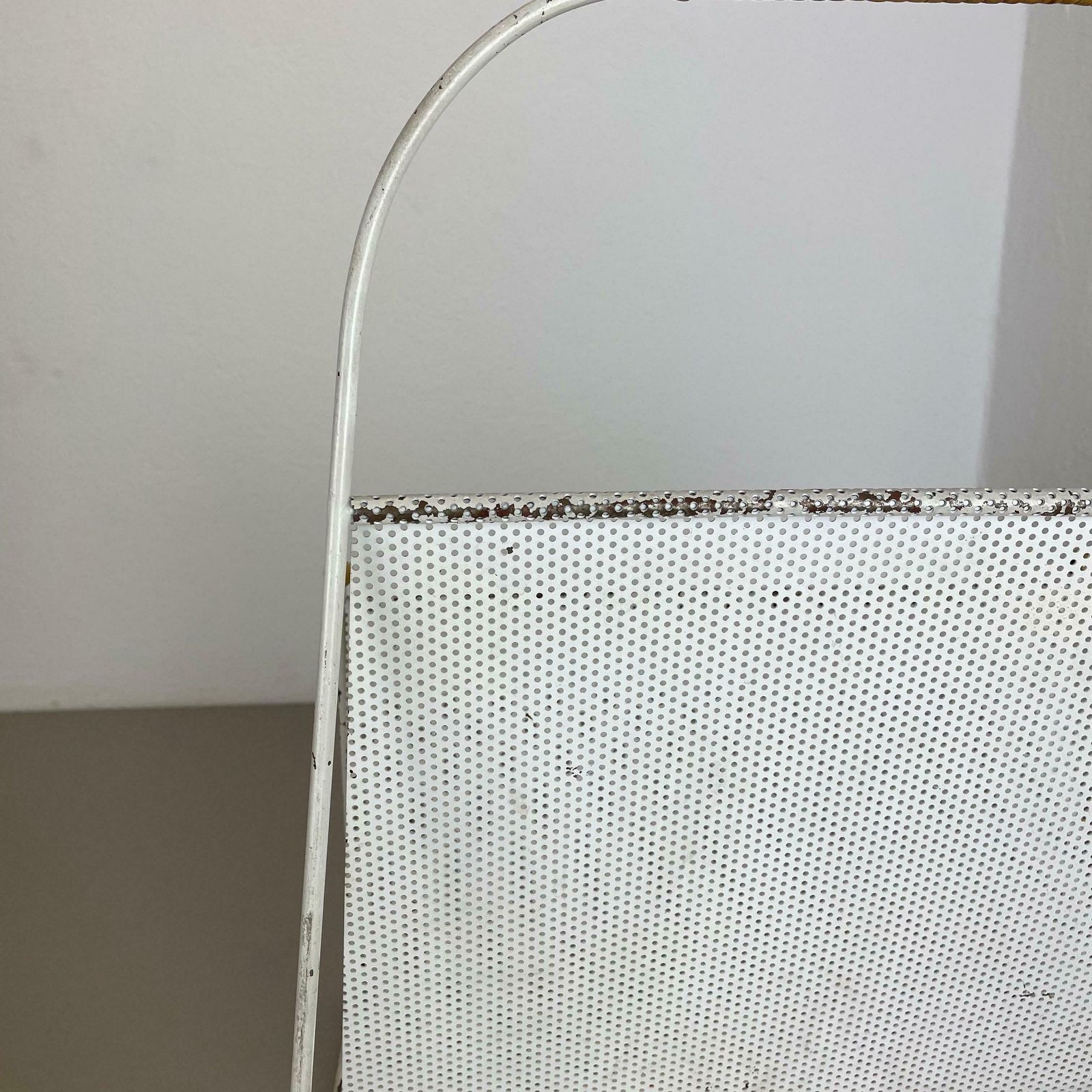 Mategot Aubock Style White Metal Hole Pattern Magazine Holder, France, 1950s photo for sale