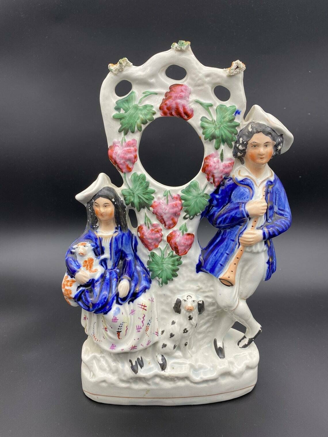 Antique Staffordshire Group Figure Couple Dog And Lamb Victorian Flatback