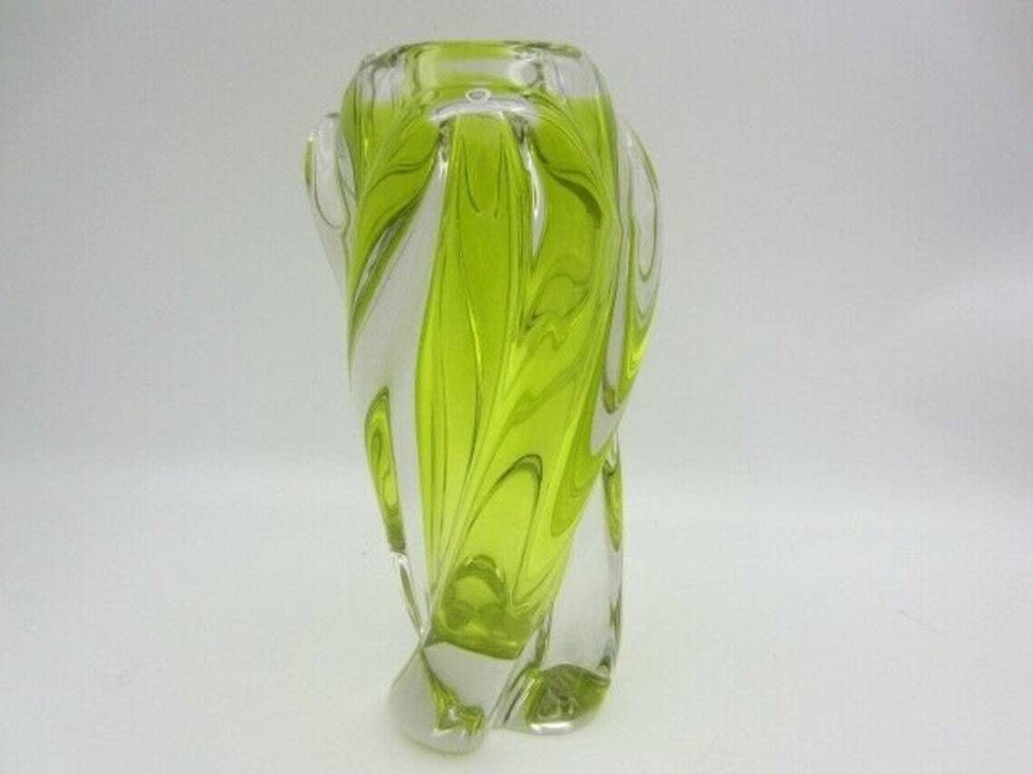 Xl Vintage Acid Lime Sommerso Hand Made Twisted Sculptural Art Glass Vase Czech photo for sale
