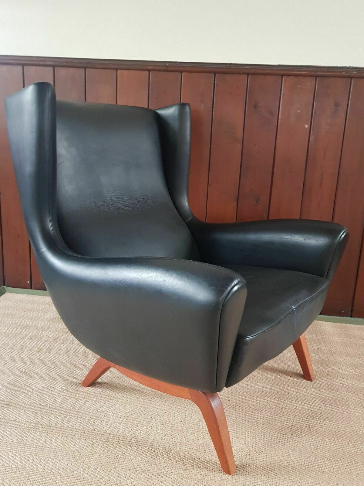photo for sale Rare 1950 Illum Wikkelso Leather Wingback Chair ''Model 110'' Teak Mid Century