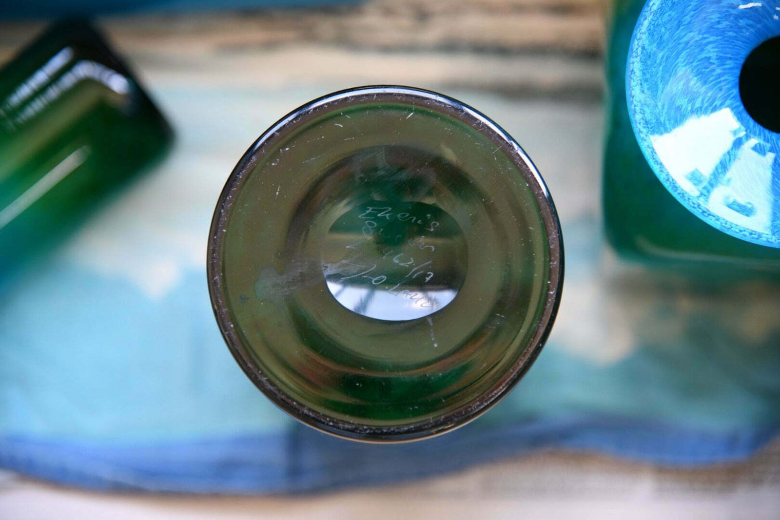 John Orwar Lake Ekenas Sweden Blue & Green Cylinder Glass Vase photo vintage