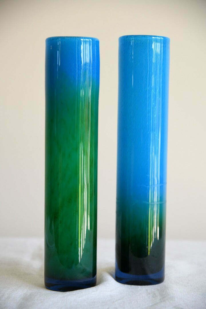 Pair Blue & Green Glass Vase John Orwar Lake Ekenas Sweden photo 245.0