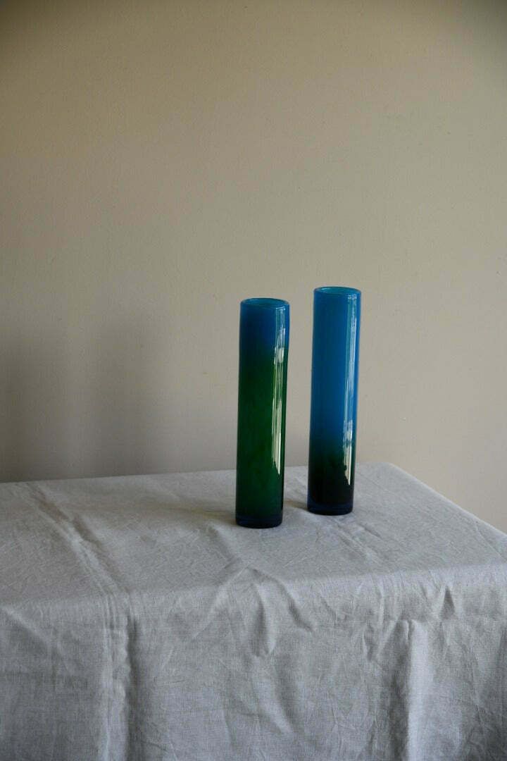 Pair Blue & Green Glass Vase John Orwar Lake Ekenas Sweden photo vintage