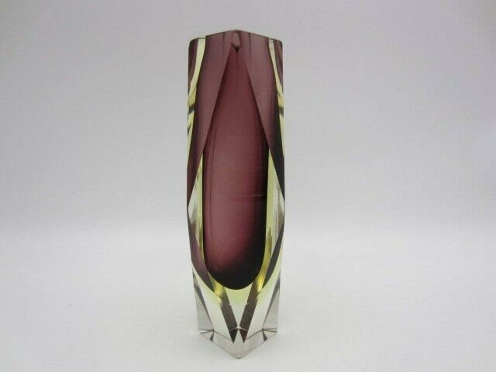 Geometric Purple And Golden Amber Murano Italy Sommerso Symmetric Art Glass Vase photo for sale