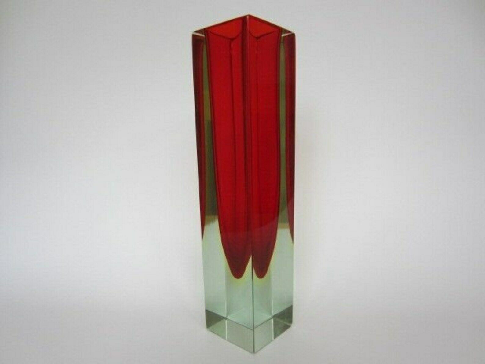 Monumental Vase Red Yellow Glowing Green Block Cut Murano Sommerso Art Glass photo for sale