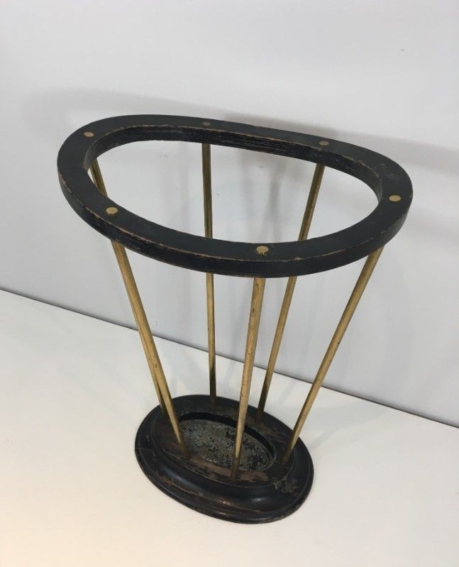 50s 29283: Attributed To Jacques Adnet. Ebonised Wood And Brass Umbrella Stand. French photo 936.0