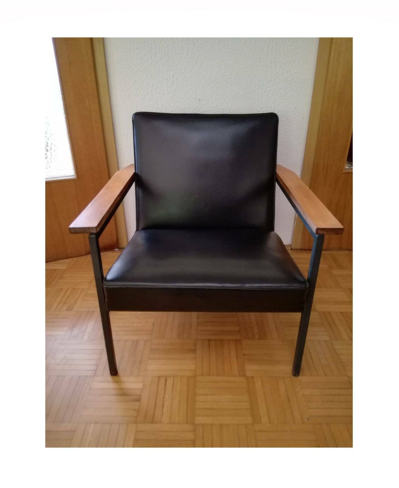 1 Of 2 Vintage Armchairs By Stol Kamnik Yugoslavia / Black Faux Leather / Wooden Armrests / Mid Century Modern Home