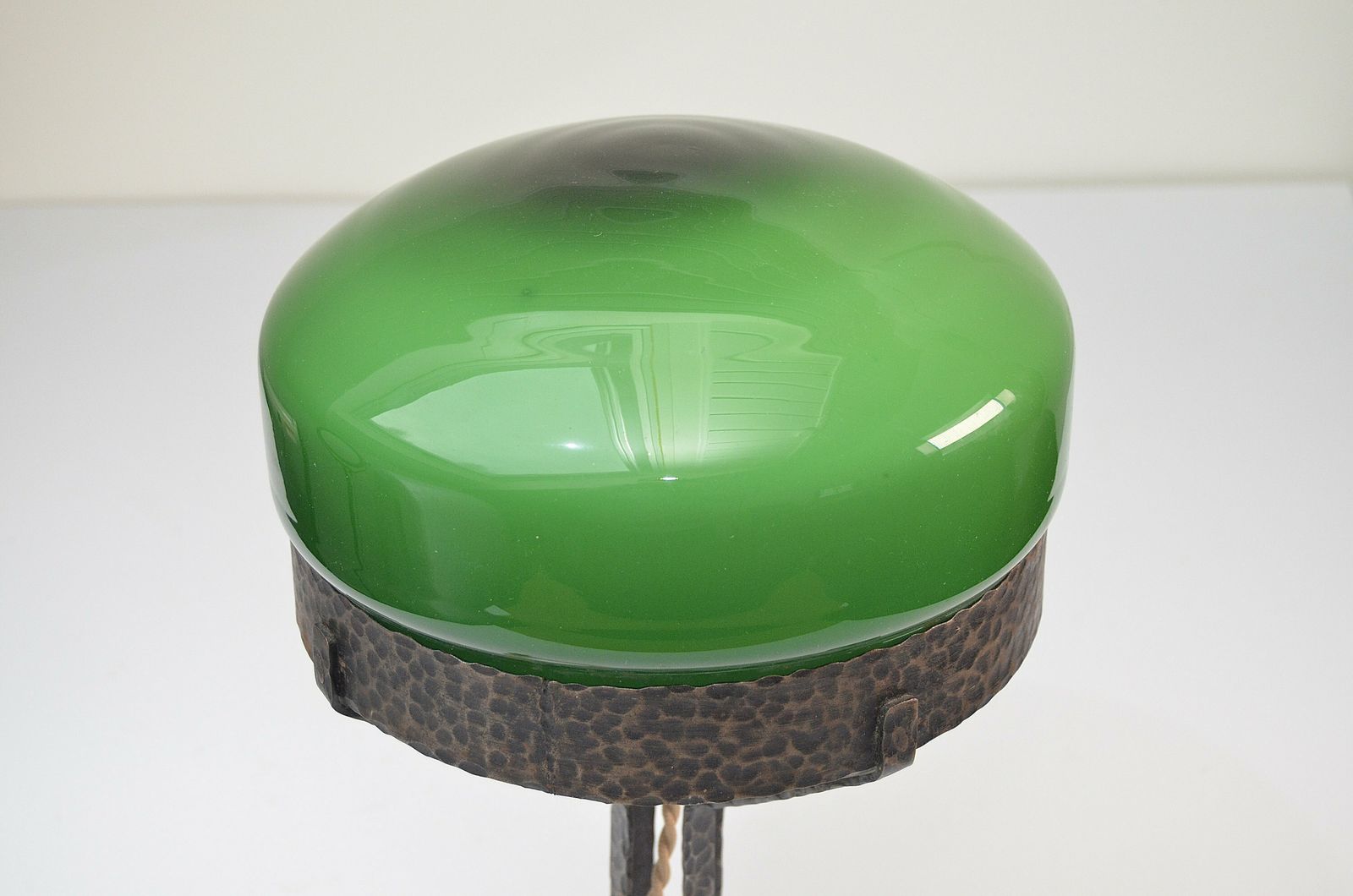 photo furniture Antique Vintage Wrought Iron, Hammered Iron, Table Lamp With Green Glass Shade, Sweden 1930s