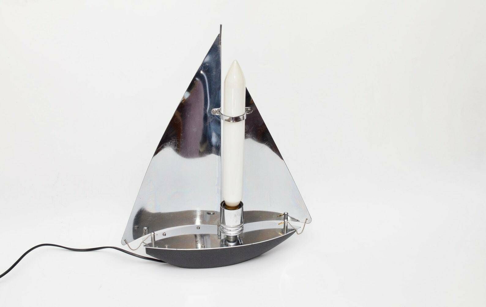 Very Rare Art Deco Style Chromed Sailing Boat Table Lamp 1970s photo furniture
