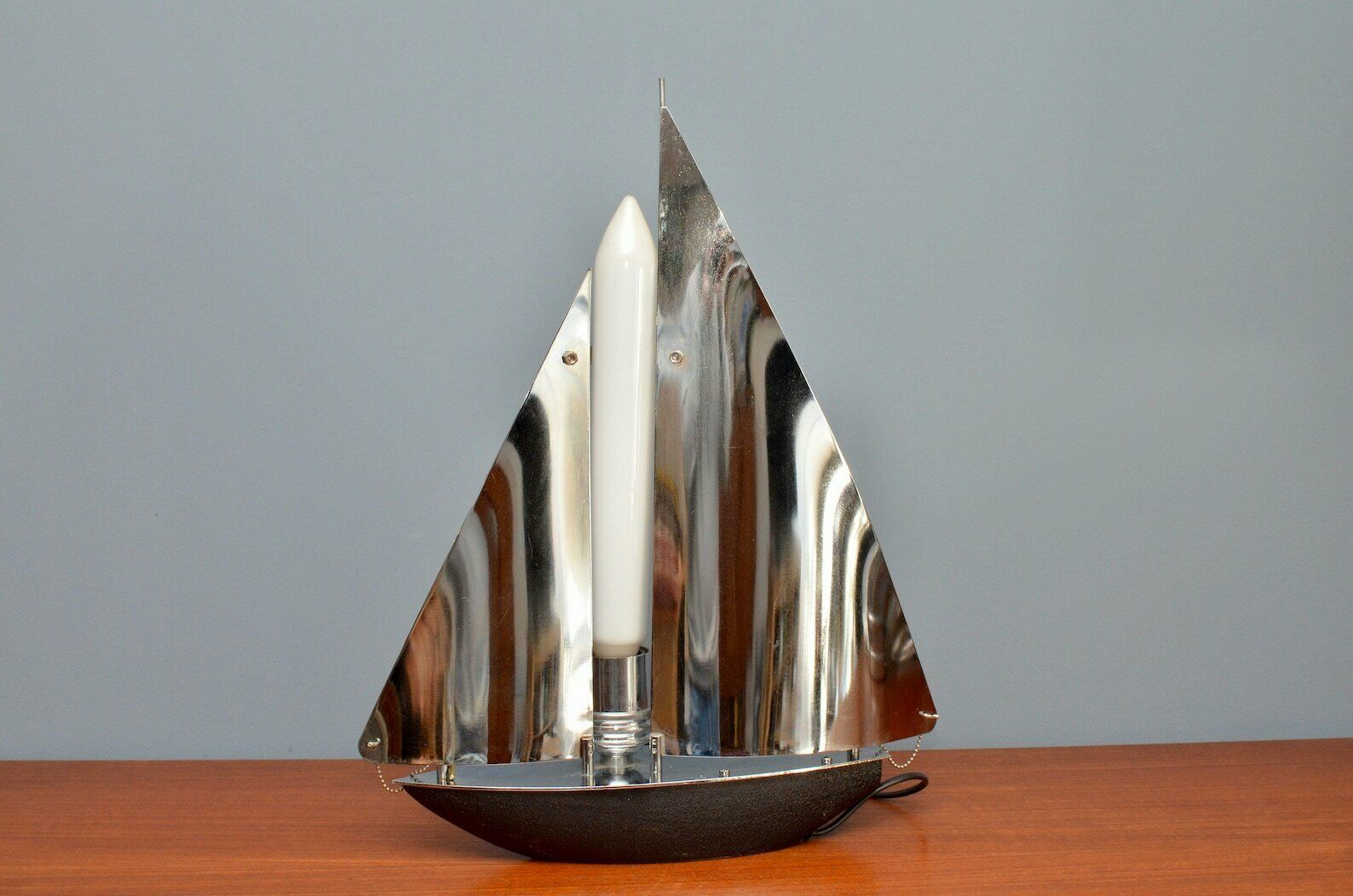 Very Rare Art Deco Style Chromed Sailing Boat Table Lamp 1970s photo Lighting