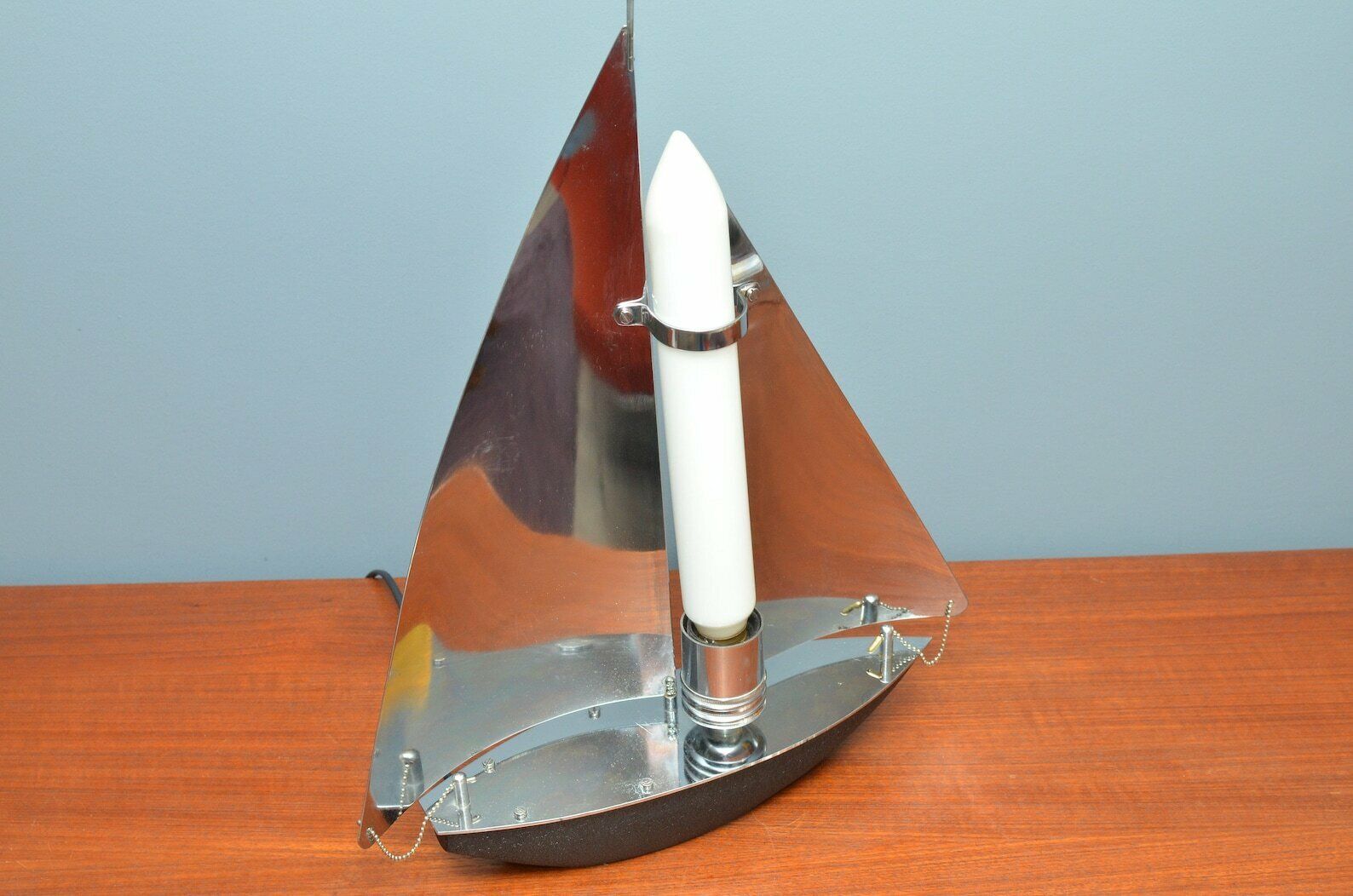Very Rare Art Deco Style Chromed Sailing Boat Table Lamp 1970s photo vintage