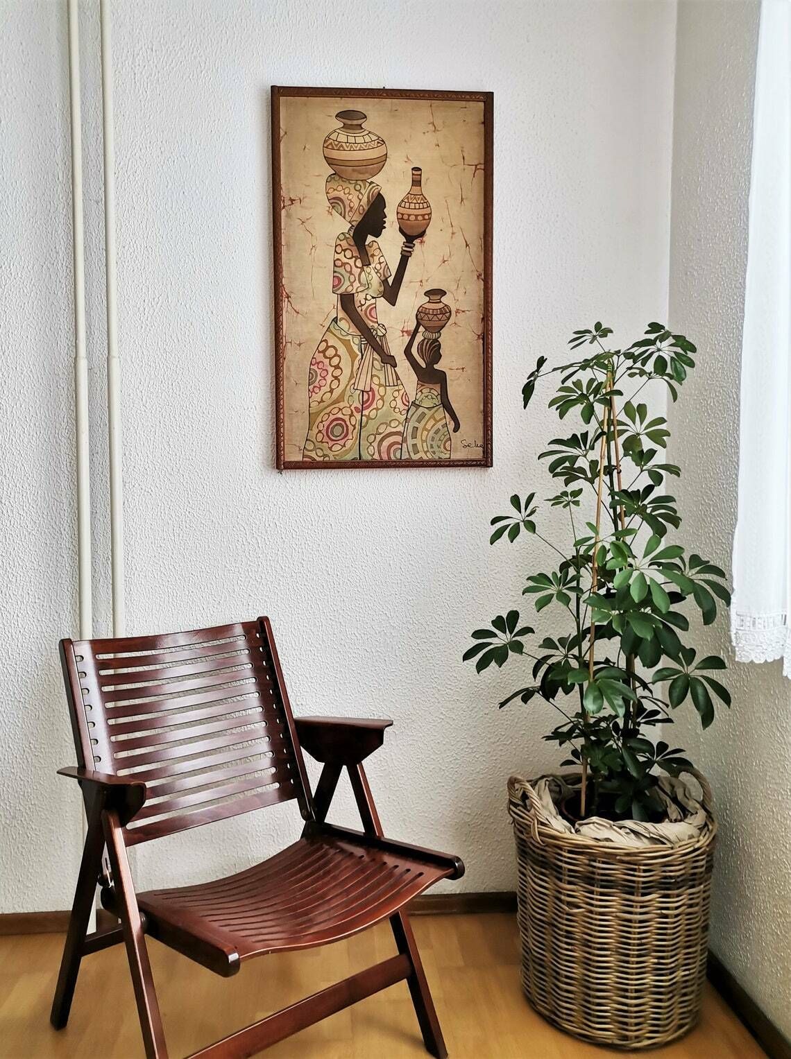 Authentic African Painting / Woman And Child / Etched Wooden Frame / Decoration / 20th Century